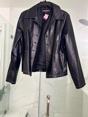 Women's Black Faux Leather Button Jacket AXARA